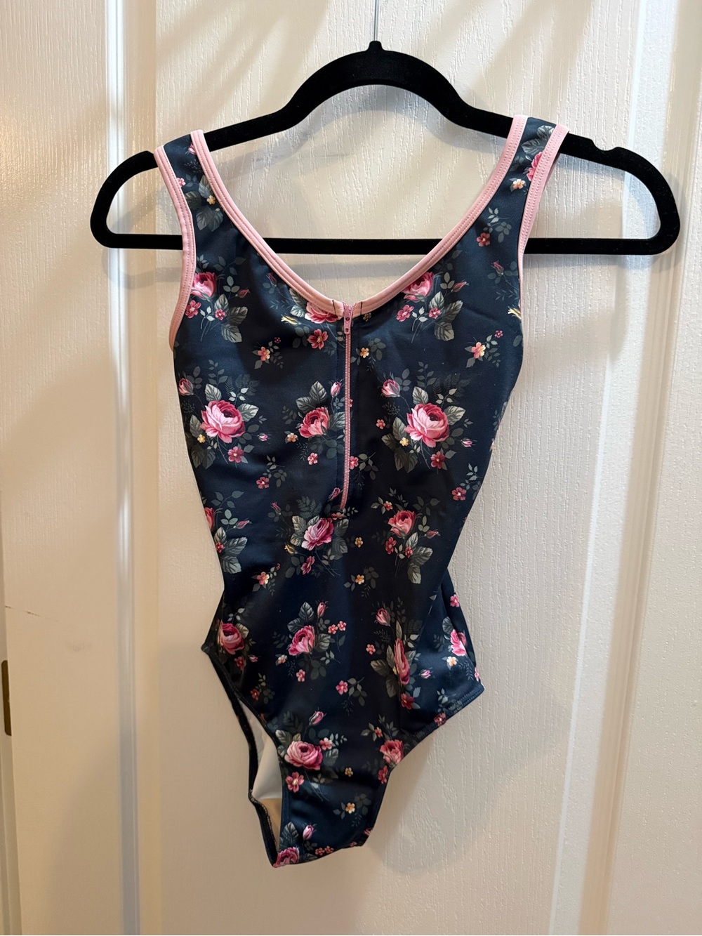 Eleve Women’s Black and Pink Floral Zip Front Leotard